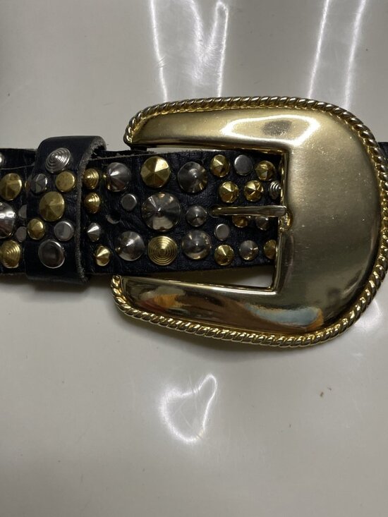 Michael Morrison Small Black Leather Gold & Silver Buckle Studded Statement Belt - Picture 5 of 11